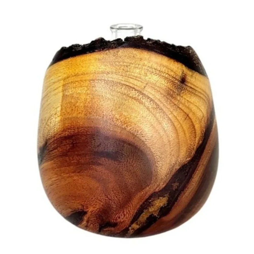 Vintage MCM KOA Wood Natural Edge Rustic Modernist Bud Vases Glass Insert Signed